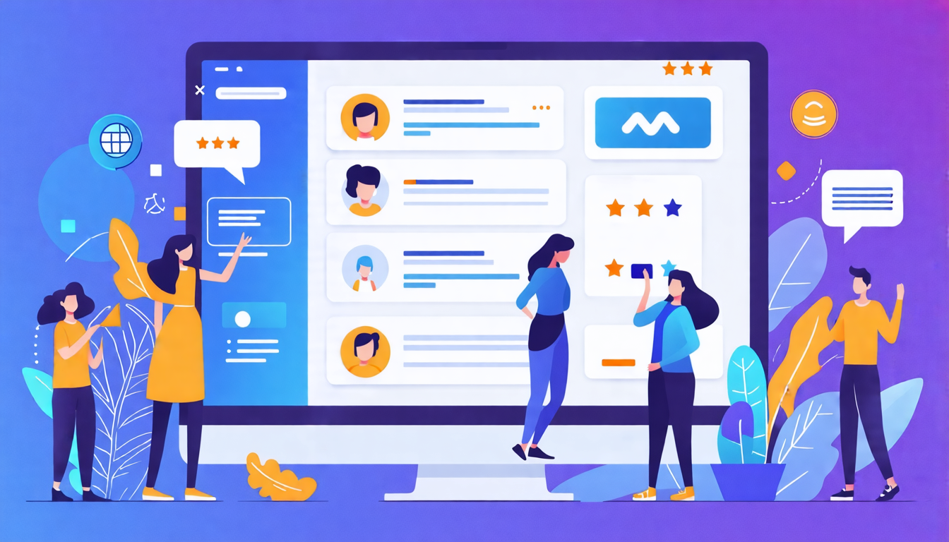 A visually engaging illustration of a user-friendly online reputation management interface on a computer or smartphone screen. The interface features clean