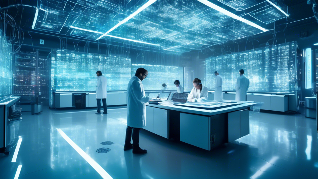 A futuristic scene in a high-tech laboratory where scientists are using advanced quantum computers and intricate algorithms to create unbreakable passwords