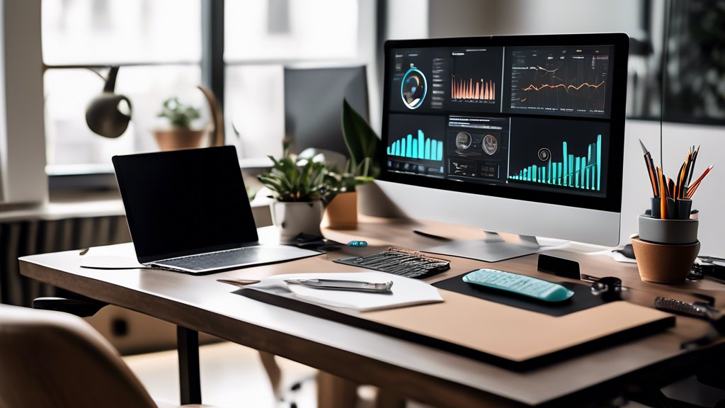 A modern home office setup with a computer screen displaying a detailed performance tracking dashboard, featuring various charts, graphs, and metrics. In t