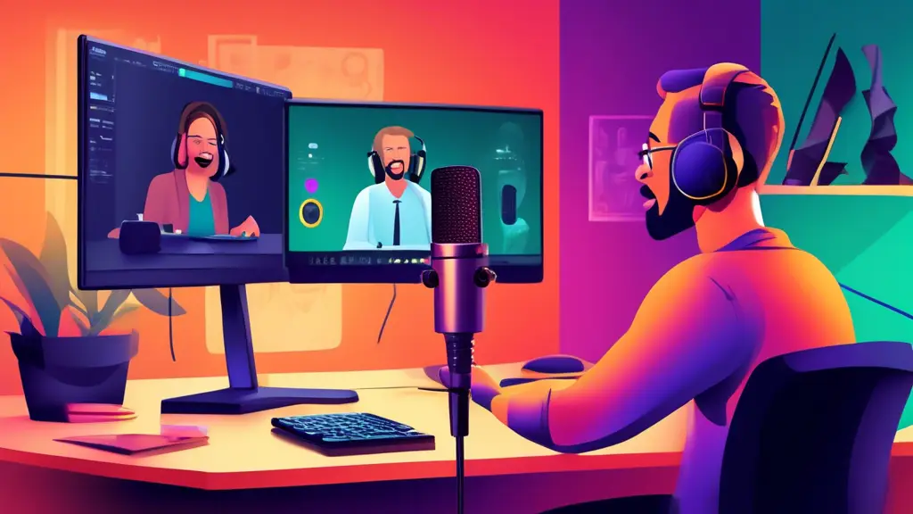 Create an image of a professional home studio setup featuring a podcaster recording an episode with a microphone and laptop, while a presenter conducts a w