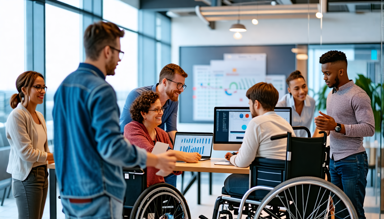 A diverse group of people collaborating in a modern office space, utilizing a variety of project management tools and technology. The scene includes indivi
