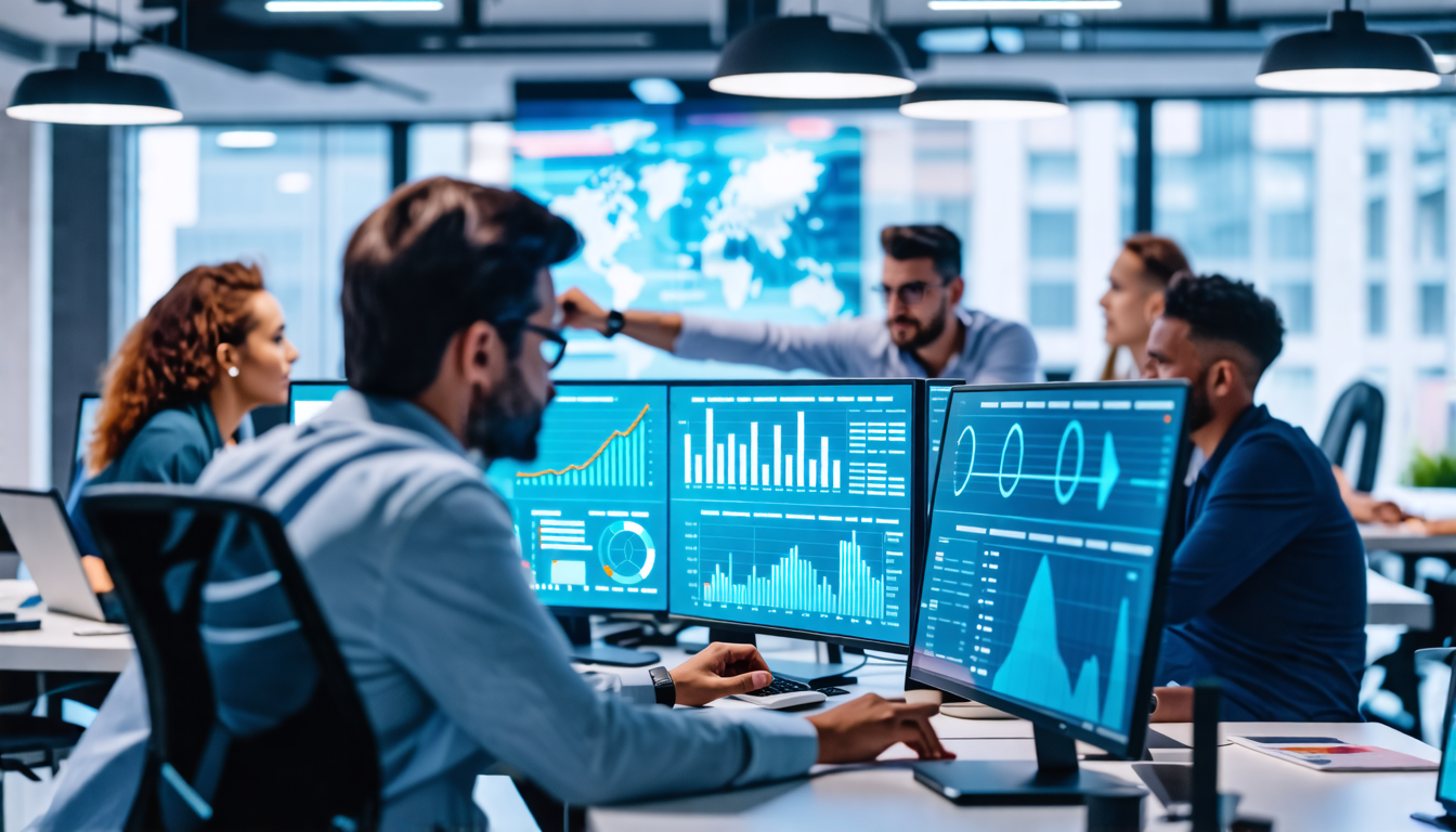 A sleek, modern office environment with a project manager analyzing various dynamic charts and graphs on multiple computer screens, showcasing real-time da