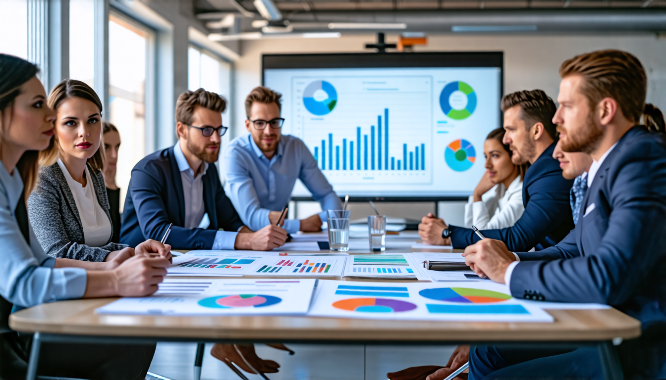 A business meeting room with a diverse team of professionals gathered around a large conference table, engaged in a project planning session. On the table