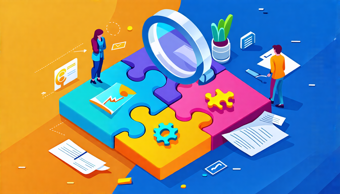 A vibrant and detailed illustration showing different project management methodologies as puzzle pieces fitting together. Each puzzle piece represents a di