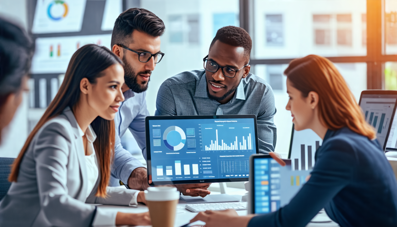 Create an image of a diverse group of professionals in an office setting collaborating on a project. Highlight a mentor figure guiding a younger employee,