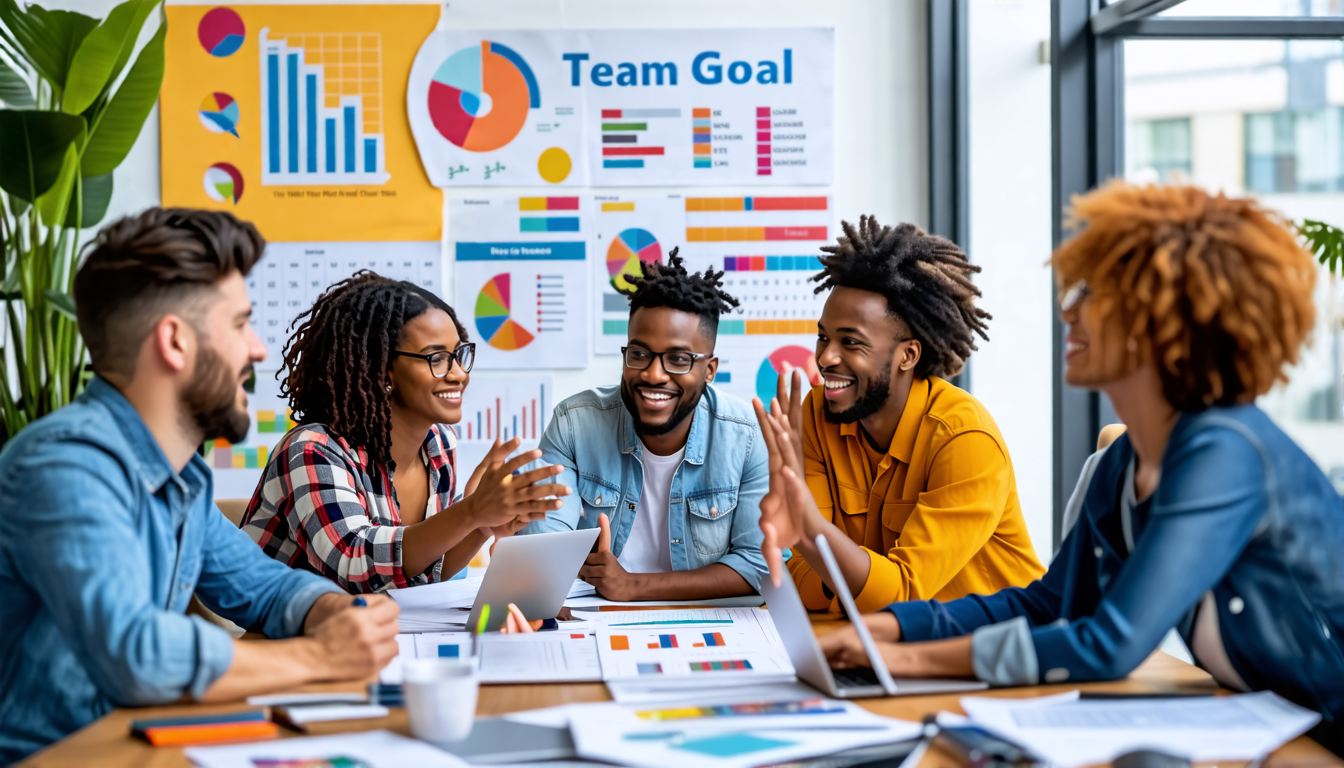 A dynamic office setting with a diverse team gathered around a table, engaged in a lively discussion with charts and project plans visible. The team member