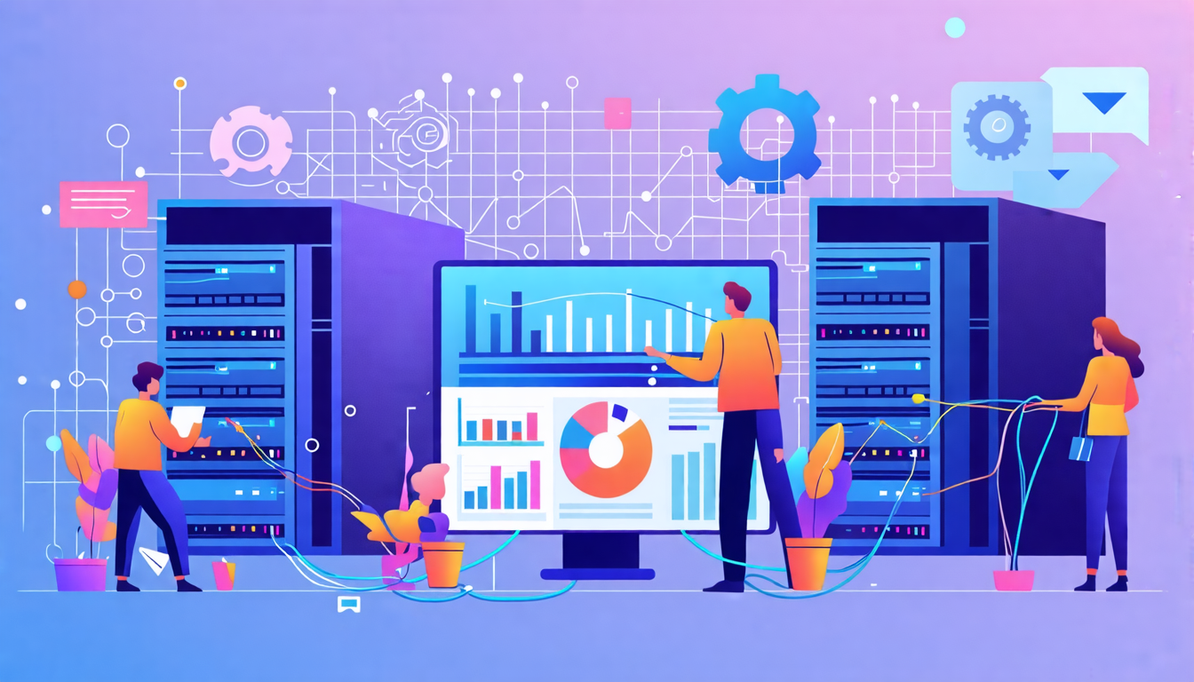 An illustration of a team of project managers and IT professionals actively working to transfer data from one computer server to another. They are surround