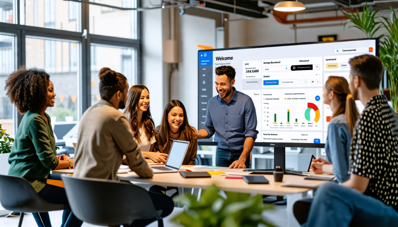 A warmly lit modern office with a diverse group of people gathered around a large screen displaying a project management dashboard. On the screen, there ar