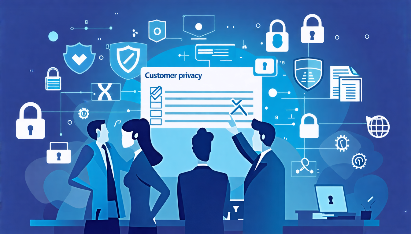 An image depicting a professional project management team in a modern office setting, with a central figure holding a checklist labeled Customer Privacy. A
