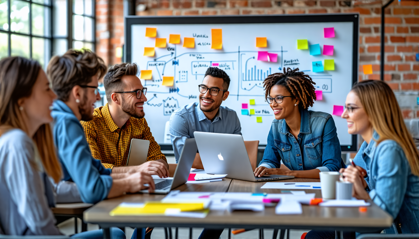 Create an image of a diverse and enthusiastic team of project managers in a modern office setting, collaborating around a table with interactive project bo