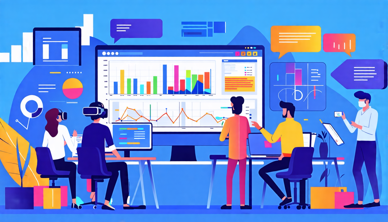 Create an image that shows a modern, dynamic office environment with a diverse group of professionals collaborating on project management tasks. Include el