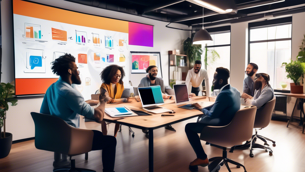 A team of diverse professionals collaborating through video conference, sharing documents on a digital whiteboard, with various devices such as laptops, ta