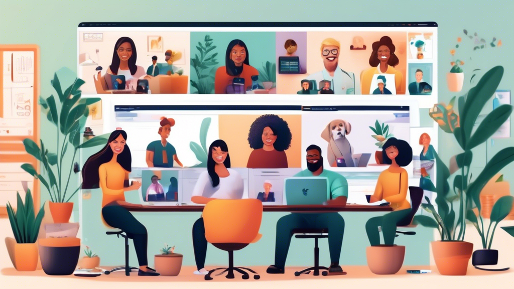 A vibrant virtual office setting where diverse remote employees are engaged in a video conference, smiling and participating actively. Each person is in a