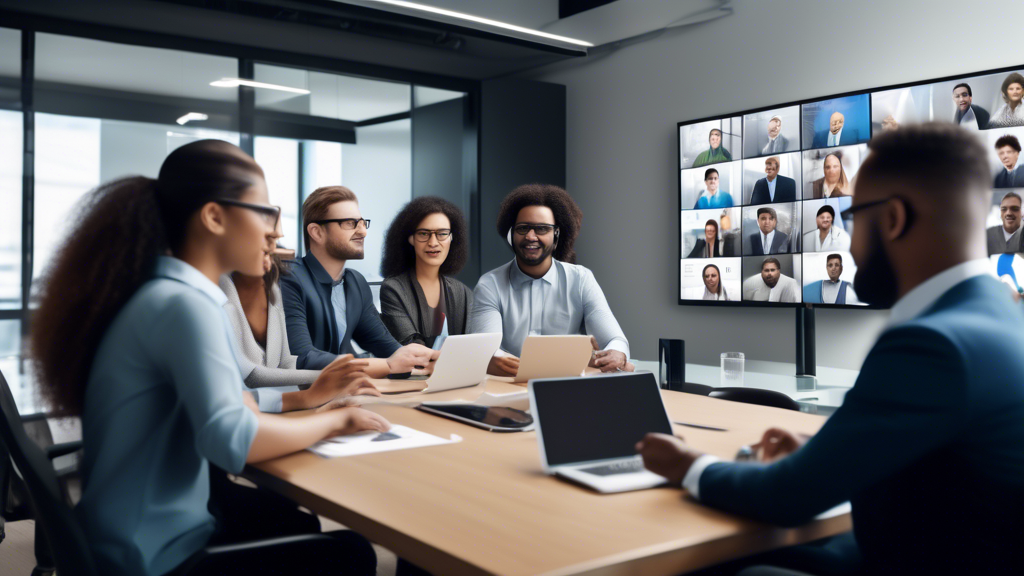 A high-tech virtual meeting room with diverse professionals engaged in a dynamic video conference, featuring clear visuals of charts, documents, and intera