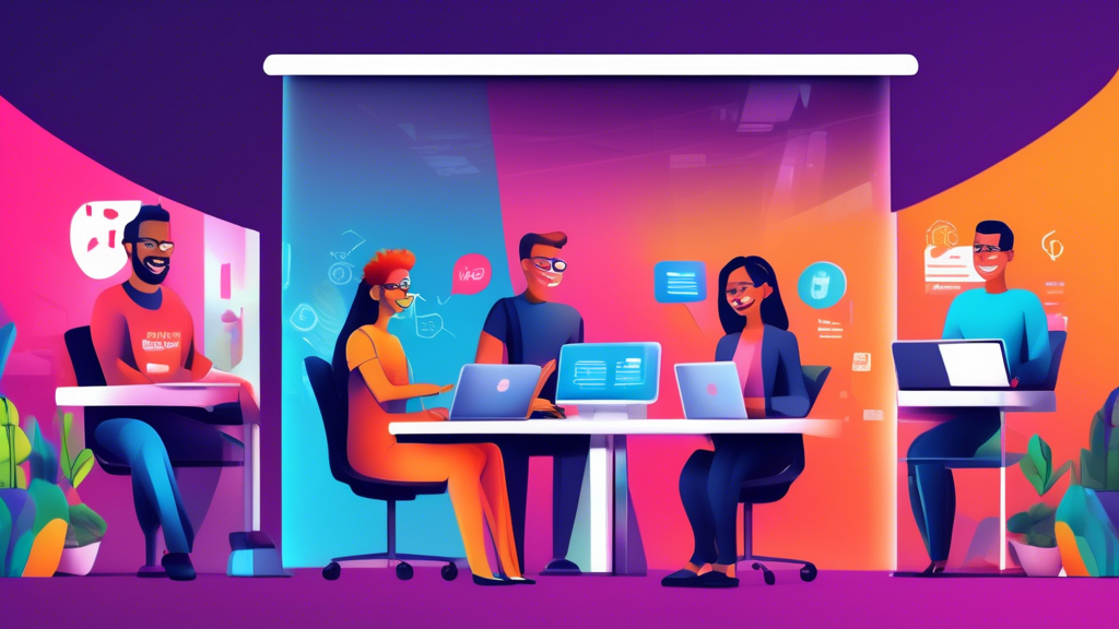 A vibrant and modern digital workspace where diverse new team members are being welcomed through a virtual meeting. Laptops, video call screens, and intera
