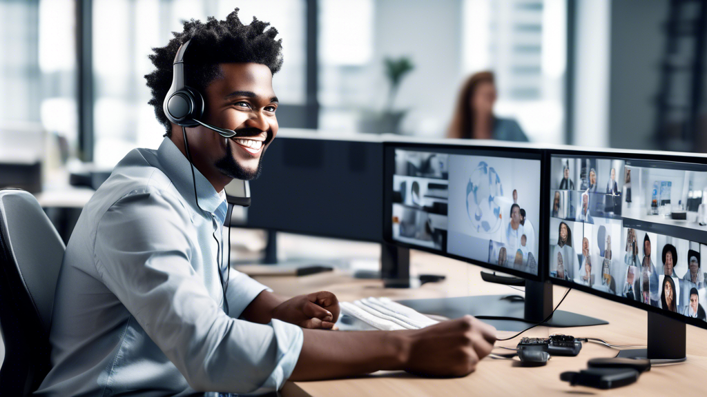 A friendly remote tech support agent sitting at a desk with a computer, using video conferencing to assist a client on the other screen. The background sho