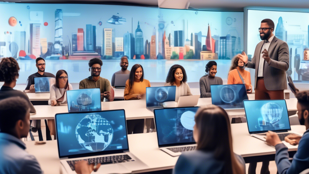 A diverse group of people from different locations around the world, engaged in a virtual classroom setting, each person using laptops, tablets, or smartph
