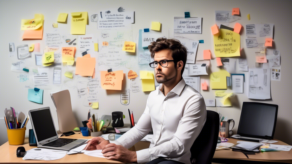 An office worker in a home setting, surrounded by multiple devices, facing technical issues like poor internet connection, and juggling family responsibili