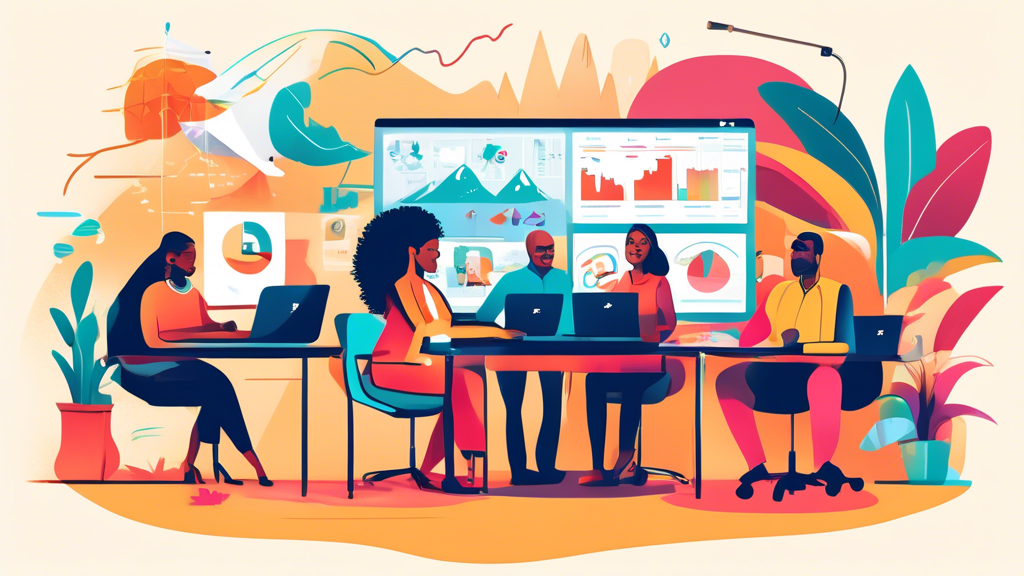 An image depicting a diverse group of professionals working remotely from different vibrant locations such as a coffee shop, home office, beachside cabana,
