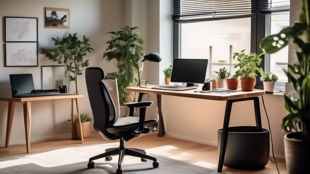 A modern office desk setup with various remote work tools, including a sleek laptop, dual monitors, a comfortable ergonomic chair, noise-cancelling headpho