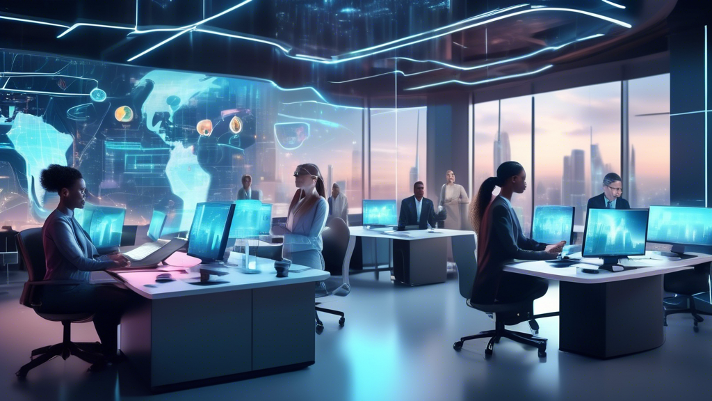 A futuristic office scene showing a diverse team of professionals working remotely from various locations around the world, connected via advanced holograp