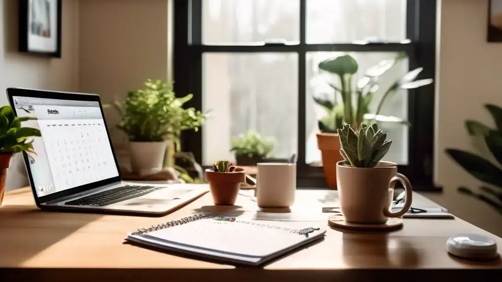 A cozy home office setup with a laptop open to a video conference call, a cup of coffee steaming on the side, and a calendar on the wall showing the month