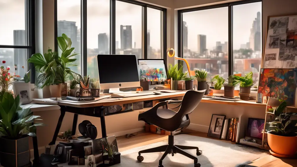 A modern home office with a stylish, cozy setup: a graphic designer's desk featuring a sleek computer with design software open, surrounded by artistic ske