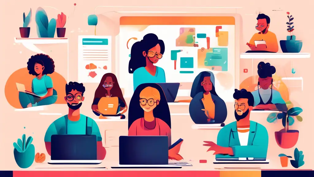 Create an image showing a diverse HR team working remotely from different locations. Each member is seen on a video call, surrounded by home office setups.