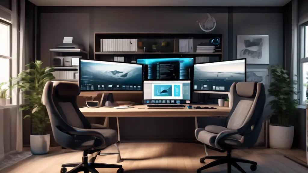 A sleek, modern home office setup with multiple computer screens displaying coding software, a server management dashboard, and video conferencing tools. T