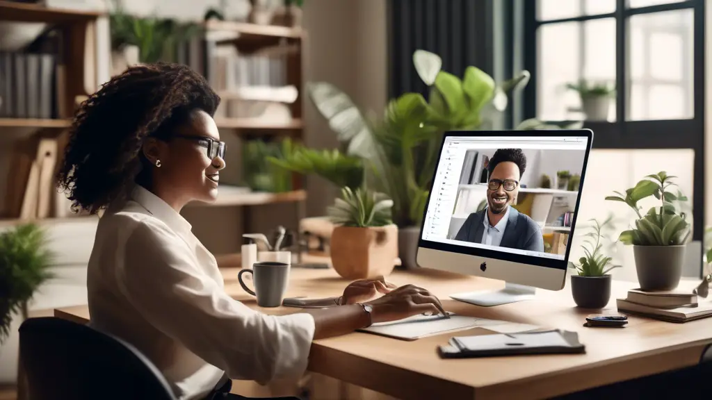 An office manager working from home in a modern, well-lit room, communicating with a diverse team of remote employees through a video conferencing call on
