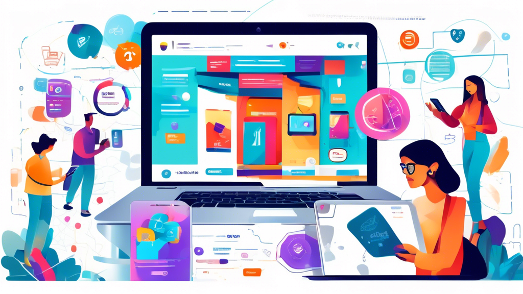 An animated digital marketing scene where a user scrolls through a vibrant website with shopping items, leaves, and then returns guided by targeted adverti