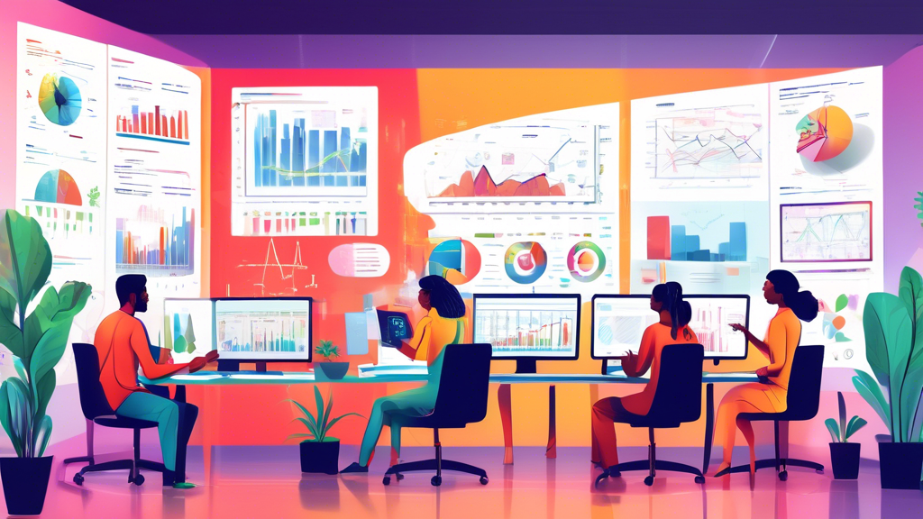 A team of diverse professionals analyzing multiple computer screens displaying data analytics, SEO metrics, and website performance charts. The atmosphere