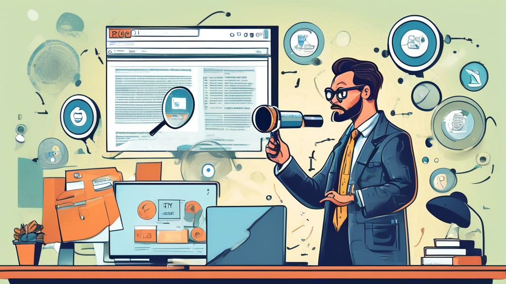 An illustration of a digital marketer dressed as a detective, using a magnifying glass to examine a computer screen displaying various SEO metrics. Surroun