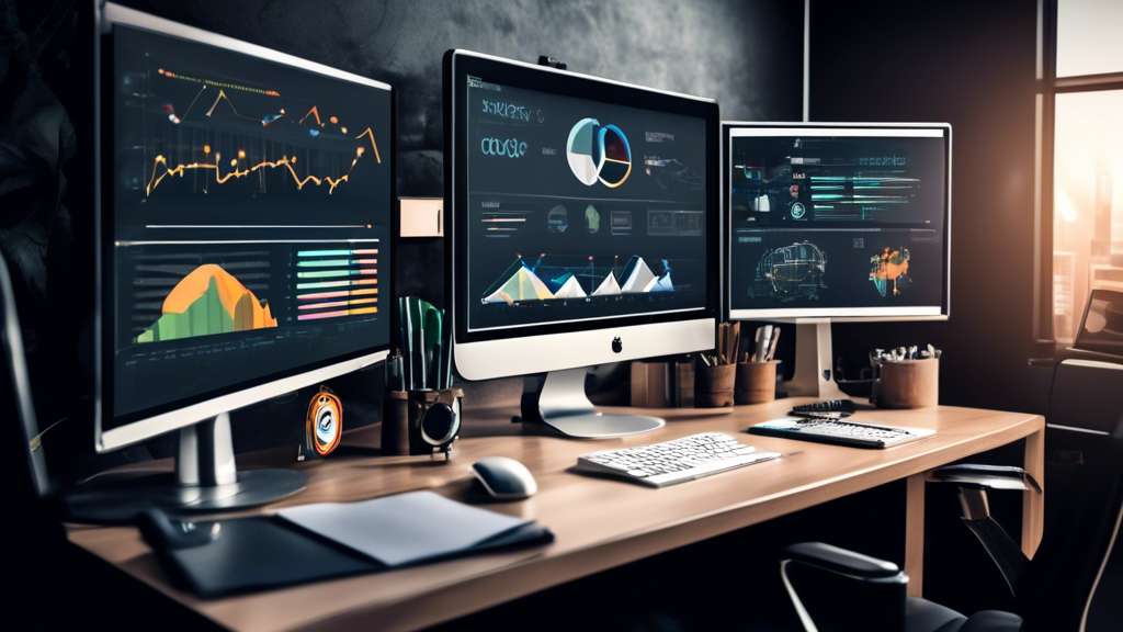 Create an image depicting a modern office workspace with a sleek computer monitor displaying various SEO tools and analytics. The screen should showcase ch