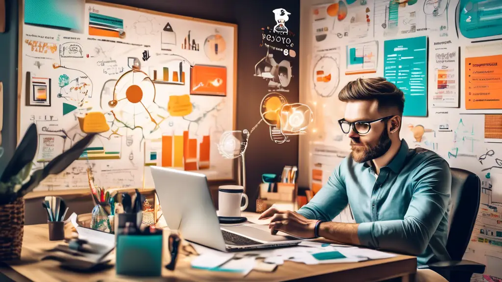 A vibrant scene featuring a modern blogger working at a stylish desk with a laptop, surrounded by SEO strategy charts, keyword research tools, and analytic