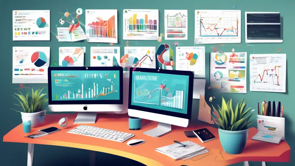 Create an image of a busy digital marketing professional at a modern workspace, surrounded by computer screens displaying SEO analytics, keyword research t