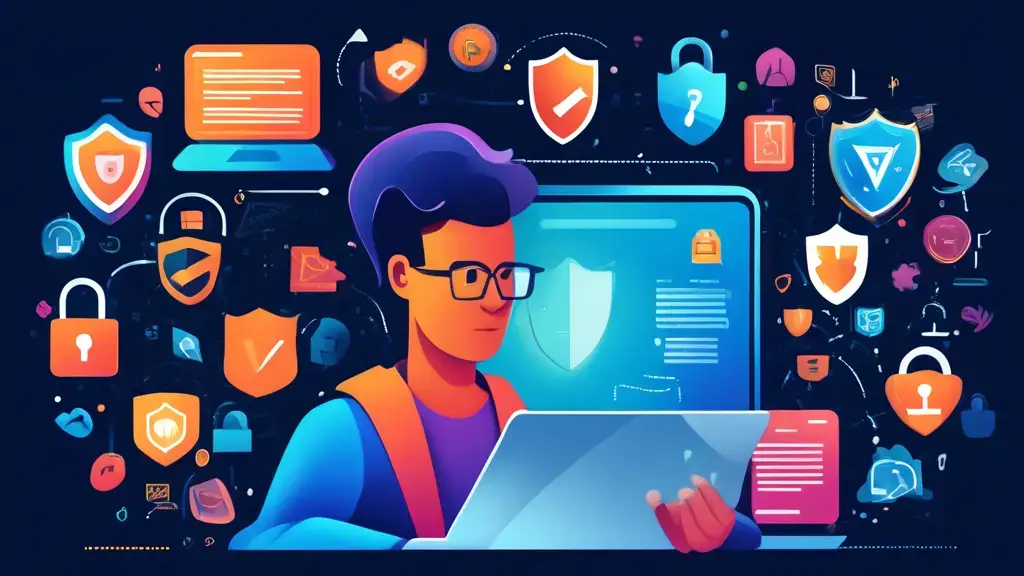 An illustration of a person using a laptop, surrounded by icons of security features such as a shield, padlock, and checkmark. The background includes subt