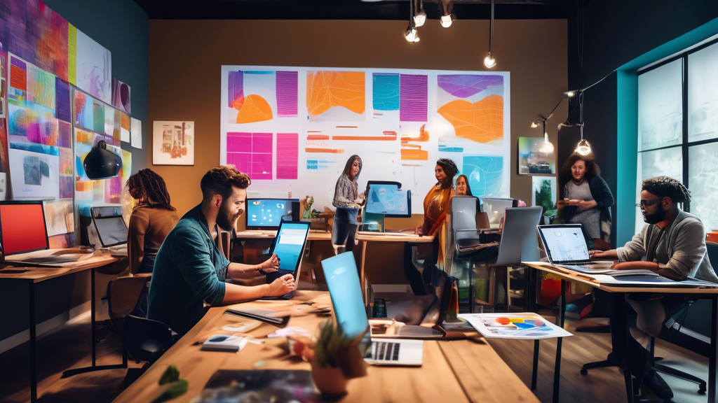 A vibrant and dynamic workspace with a young, diverse team collaborating on laptops and tablets. The room is filled with colorful charts, mood boards, and