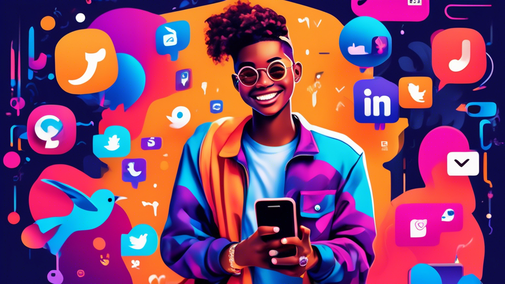A vibrant and dynamic illustration of a stylish young person holding a smartphone, surrounded by popular social media icons like Instagram, TikTok, and Twi
