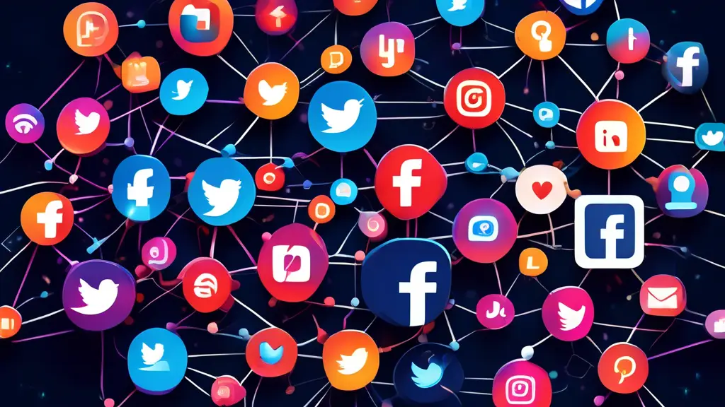 A vibrant digital illustration showing various social media icons such as Facebook, Twitter, Instagram, LinkedIn, and YouTube interconnected with glowing l