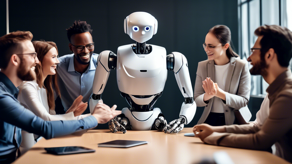 A dynamic office setting with a team of diverse employees gathered around a table, engaged in a lively discussion. At the center is a friendly-looking huma