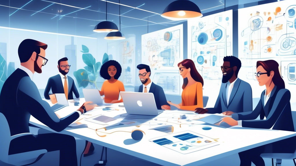 Illustrate a corporate setting where a diverse team is gathered in a bright, modern boardroom. Everyone is smiling and collaborating around a table covered