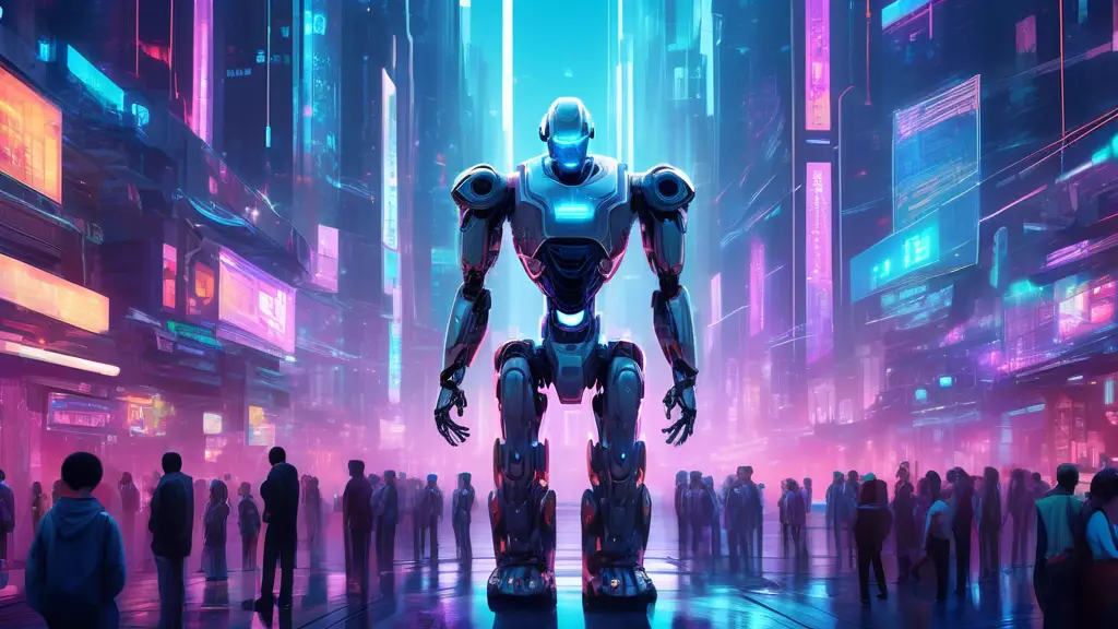A futuristic cityscape with towering skyscrapers, advanced robotics, and neon lights. In the center, a large humanoid robot with a contemplative expression