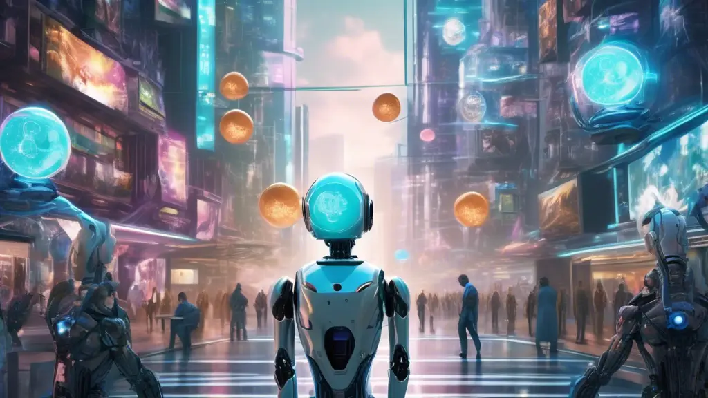 A futuristic cityscape where humanoid robots and humans coexist. In the foreground, a humanoid robot, with a contemplative expression, stands at a crossroa