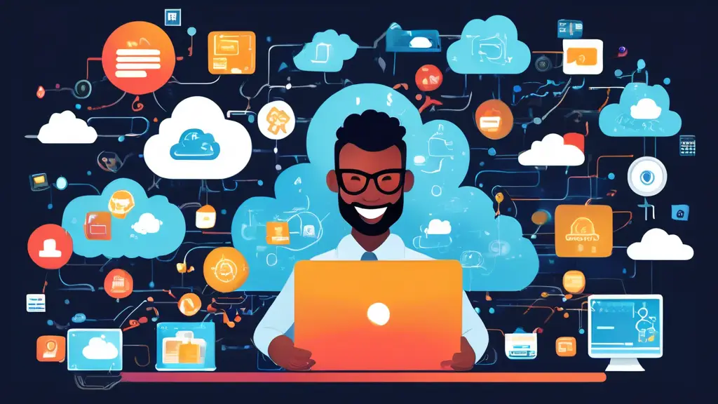 An illustration of a small business owner happily using a laptop, surrounded by icons representing various cloud services such as data storage, online coll