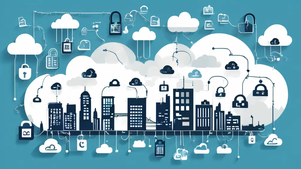 Create an image depicting various cloud icons above a city skyline, symbolizing cloud computing. Below the clouds, illustrate several obstacles like padloc