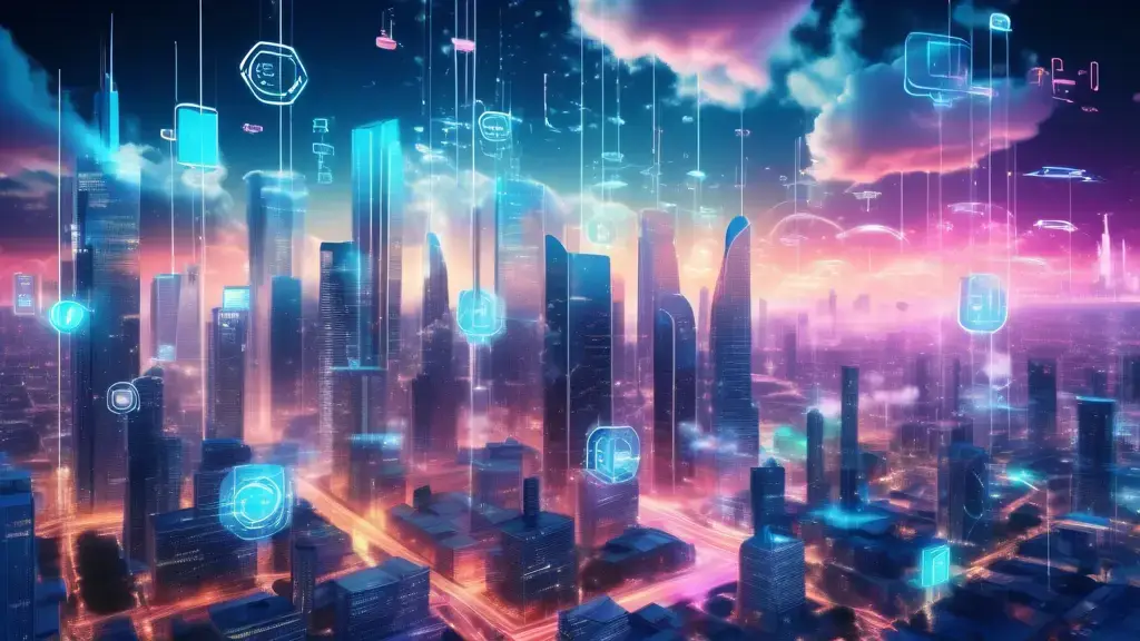 A futuristic cityscape where towering skyscrapers are interconnected with glowing cloud networks. The sky is filled with digital clouds showcasing various