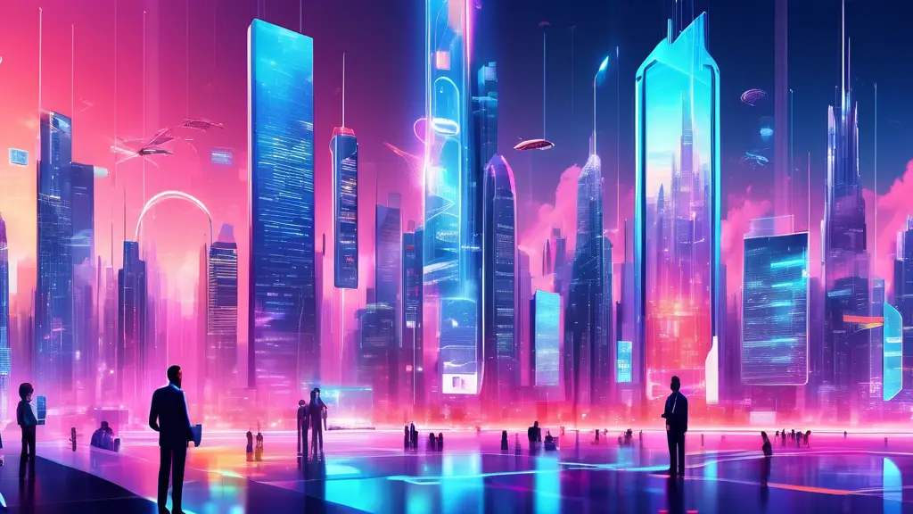 A futuristic cityscape with digital billboards, holographic advertisements, and autonomous drones showcasing SEO trends such as voice search, AI algorithms