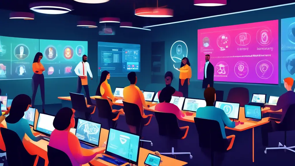 Create an image of a diverse group of employees gathered in a modern office setting, attentively listening to a cybersecurity expert who is presenting with