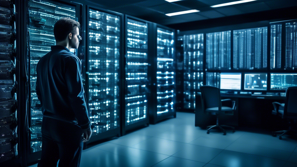 A highly secure server room at a technology company, with an employee inside who appears suspicious and is attempting to access restricted data. The employ